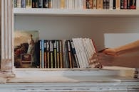 Hands arranging books on a tidy bookshelf in a cozy library setting, highlighting organization and literature.